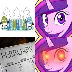Size: 720x720 | Tagged: safe, artist:the brotherhoof mlp:fim, princess cadance, g4, calendar, cute, cutedance, facebook, february, glowing eyes, glowing eyes meme, happy, implied valentines day, january, meme, oh god, princess of love, princess of shipping, red eyes take warning, smiling, soon, valentine's day, we are doomed, xk-class end-of-the-world scenario