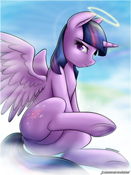 Size: 960x1280 | Tagged: dead source, safe, artist:jcosneverexisted, twilight sparkle, alicorn, angel, pony, g4, commission, featureless crotch, female, halo, looking at you, smiling, solo, twilight sparkle (alicorn), underhoof
