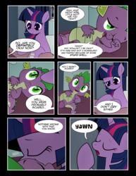 Size: 1275x1650 | Tagged: safe, artist:dsana, spike, twilight sparkle, dragon, pony, comic:to look after, g4, bed, comic, cute, hospital, hospital bed, mama twilight, nuzzling, spikabetes, suspiciously specific denial, twiabetes, yawn