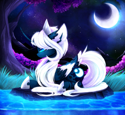Size: 2480x2295 | Tagged: safe, artist:magnaluna, princess luna, pony, g4, alternate design, alternate universe, beautiful, crescent moon, crown, curved horn, ear fluff, female, grass, high res, horn, jewelry, lidded eyes, moon, night, night sky, pond, prone, regalia, scenery, scenery porn, solo, starry night, stars, tree, water, white-haired luna