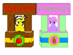 Size: 1600x1200 | Tagged: safe, artist:toyminator900, oc, oc only, oc:melody notes, oc:uppercute, earth pony, pegasus, pony, concession stand, crossed arms, duo, food, glue, pineapple, simple background, tomato, transparent background