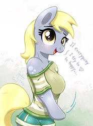 Size: 890x1200 | Tagged: safe, artist:joakaha, derpy hooves, anthro, unguligrade anthro, g4, arm hooves, blushing, breasts, busty derpy hooves, clothes, crying, cute, dialogue, female, off shoulder, simple background, solo, wingless, wingless anthro