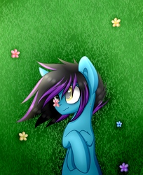 Size: 2885x3534 | Tagged: safe, artist:despotshy, oc, oc only, oc:despy, butterfly, pony, female, flower, grass, high res, mare, on back, solo