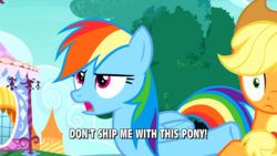 Size: 1280x720 | Tagged: safe, edit, edited screencap, screencap, applejack, rainbow dash, g4, caption, carousel boutique, female, lesbian, meme, ship:appledash, shipping, shipping denied, text