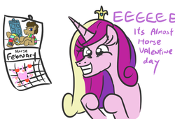 Size: 652x443 | Tagged: safe, artist:jargon scott, doctor whooves, princess cadance, time turner, earth pony, pony, g4, calendar, doctor who, eeee, february, implied hearts and hooves day, male, princess of love, squee, stallion, tardis, valentine's day