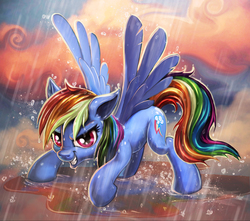 Size: 1500x1324 | Tagged: safe, artist:harwick, rainbow dash, pegasus, pony, g4, cloud, female, grin, looking at you, mare, puddle, rain, smiling, solo, spread wings, wet, wet mane