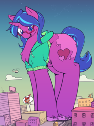 Size: 901x1200 | Tagged: safe, artist:chibibiscuit, oc, oc only, oc:cee biscuit, oc:tea biscuit, pony, unicorn, clothes, constellation, giant pony, giant unicorn, glasses, heart, helicopter, hoodie, macro, open mouth, unshorn fetlocks