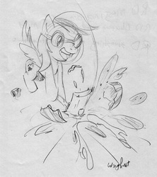 Size: 1200x1351 | Tagged: safe, artist:wingbeatpony, rainbow dash, pegasus, pony, g4, female, flying, food, gallagher, goggles, hammer, horsedrawncarnage, mare, open mouth, signature, sketch, smashing, smiling, solo, spread wings, traditional art, watermelon, wings