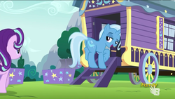 Size: 1280x720 | Tagged: safe, screencap, starlight glimmer, trixie, pony, g4, no second prances, butt, duo, female, lidded eyes, mare, out of context, plot, raised eyebrow, trixie's wagon