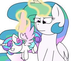 Size: 2100x1750 | Tagged: safe, artist:ashleigharts, princess celestia, princess flurry heart, alicorn, pony, g4, baby, baby pony, diaper, levitation, magic, simple background, smiling, spread wings, telekinesis, transparent background, unamused