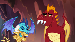 Size: 1280x720 | Tagged: safe, screencap, garble, princess ember, dragon, g4, gauntlet of fire, bowing, dragon armor, duo, eyes closed, open mouth, sad, spread wings