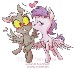 Size: 811x752 | Tagged: safe, artist:stepandy, idw, discord, princess celestia, pegasus, pony, for the pony who has everything, g4, spoiler:comic, spoiler:comic50, blushing, cheek kiss, duo, eyes closed, female, flying, heart, kissing, lightly watermarked, male, mare, pegasus celestia, pony discord, ship:dislestia, shipping, simple background, smiling, spread wings, stallion, straight, style emulation, surprise kiss, surprised, transparent background, watermark