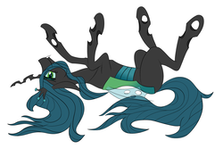 Size: 4500x3000 | Tagged: source needed, safe, artist:waffleberry, queen chrysalis, changeling, changeling queen, g4, female, high res, horses doing horse things, on back, simple background, solo