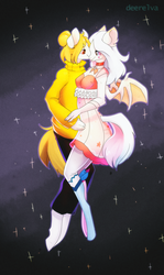 Size: 1140x1916 | Tagged: safe, artist:elvche, oc, oc only, bat pony, earth pony, anthro, unguligrade anthro, blushing, clothes, commission, dress, female, flying, hug, long hair, male, mare, socks, space, stars, stockings, sweater, thigh highs, wings