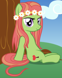 Size: 2167x2715 | Tagged: safe, alternate version, artist:badumsquish, derpibooru exclusive, tree hugger, earth pony, pony, g4, alternate hairstyle, cloud, cute, female, flower, grass, hairband, high res, hill, hippie, huggerbetes, long hair, looking at you, purple eyes, sitting, sky, smiling, sober, solo, story in the comments, tree
