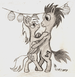 Size: 1600x1638 | Tagged: safe, artist:darkdabula, derpy hooves, doctor whooves, time turner, earth pony, pony, g4, bipedal, dancing, flower, flower in hair, lantern, male, monochrome, ship:doctorderpy, shipping, straight, traditional art