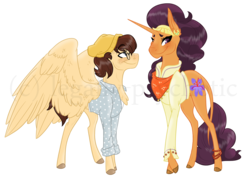 Size: 1854x1323 | Tagged: safe, artist:cranberry--zombie, saffron masala, oc, oc:jay, classical unicorn, pegasus, pony, g4, chest fluff, clothes, cloven hooves, ear fluff, female, glasses, horn, leonine tail, mare, simple background, transparent background, wing fluff