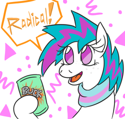 Size: 923x879 | Tagged: safe, artist:jargon scott, oc, oc only, oc:solo jazz, pony, '90s, aesthetics, clothes, dialogue, energy drink, open mouth, ponified, radical, scarf, soda, solo, solo jazz