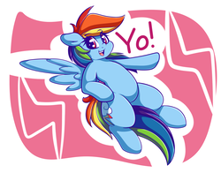 Size: 4200x3300 | Tagged: safe, artist:graphene, rainbow dash, pony, g4, cute, dashabetes, dialogue, female, flying, high res, looking at you, smiling, solo, speech bubble, yo