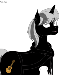 Size: 774x857 | Tagged: safe, artist:asika-aida, oc, oc only, oc:bass, pony, unicorn, clothes, commission, ear piercing, grey hair, looking back, male, piercing, simple background, smiling, solo, stallion, transparent background