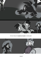 Size: 666x950 | Tagged: safe, artist:egophiliac, princess luna, oc, oc:exuvia, oc:frolicsome meadowlark, oc:imogen, oc:sunshine smiles (egophiliac), bat pony, changeling, changeling queen, pony, moonstuck, g4, cartographer's cap, changeling oc, changeling queen oc, female, filly, glowing eyes, hat, marauder's mantle, monochrome, partial color, woona, younger