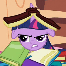 Size: 210x210 | Tagged: safe, screencap, twilight sparkle, pony, unicorn, g4, secret of my excess, animated, blinking, book, book hat, bookhorse, cropped, female, floppy ears, gif, grumpy, grumpy twilight, horn, horn impalement, open mouth, solo