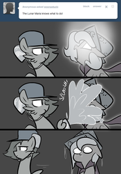 Size: 666x950 | Tagged: safe, artist:egophiliac, princess luna, oc, oc:danger mcsteele, sea pony, moonstuck, g4, ask, cartographer's cap, drinking hat, filly, glowing eyes, hat, marauder's mantle, monochrome, partial color, splashing, tumblr, unamused, woona, woonoggles, younger