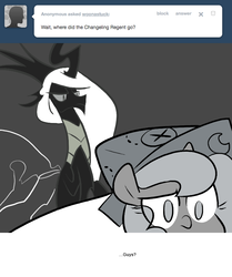 Size: 666x795 | Tagged: safe, artist:egophiliac, princess luna, oc, oc:exuvia, changeling, changeling queen, moonstuck, g4, ask, cartographer's cap, changeling oc, changeling queen oc, confused, female, filly, hat, monochrome, partial color, tumblr, woona, younger