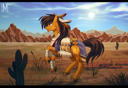 Size: 1300x898 | Tagged: safe, artist:margony, oc, oc only, pony, cactus, clothes, desert, feather, grass, mountain, scenery, solo