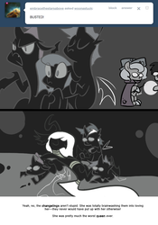 Size: 666x950 | Tagged: safe, artist:egophiliac, princess luna, oc, oc:exuvia, oc:imogen, oc:pharate, oc:tumbler, bat pony, changeling, changeling queen, pony, moonstuck, g4, ask, cartographer's cap, changeling oc, changeling queen oc, female, filly, flashback, hat, lunar stone, marauder's mantle, monochrome, partial color, tumblr, woona, woonoggles, younger