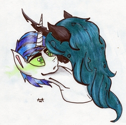 Size: 2279x2265 | Tagged: safe, artist:pepperscratch, queen chrysalis, shining armor, changeling, changeling queen, pony, unicorn, g4, bust, female, high res, mind control, portrait, traditional art