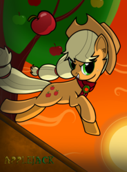Size: 1024x1392 | Tagged: safe, artist:deftwise-zero, applejack, earth pony, pony, g4, apple, apple tree, clothes, female, food, scarf, solo, sun, sunset, tree