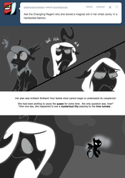 Size: 666x950 | Tagged: safe, artist:egophiliac, nightmare moon, oc, oc only, oc:exuvia, oc:imogen, butterfly, changeling, changeling queen, moonstuck, ask, changeling oc, changeling queen oc, dark woona, evil laugh, female, filly, flashback, lunar stone, monochrome, nightmare woon, partial color, tumblr