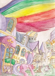 Size: 468x640 | Tagged: safe, artist:daisymane, rainbow dash, pony, g4, building, canterlot, giant pony, giant rainbow dash, looking up, macro, mega/giant rainbow dash, tail, traditional art