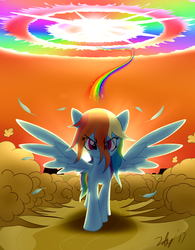 Size: 1500x1920 | Tagged: safe, artist:zolfyyy, rainbow dash, pony, double rainboom, g4, angry, badass, female, looking at you, signature, solo, sonic rainboom, spread wings, sweat