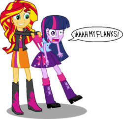 Size: 696x677 | Tagged: safe, artist:toonalexsora007, sunset shimmer, twilight sparkle, equestria girls, g4, abuse, boots, clothes, dialogue, duo, female, grin, jacket, literal butthurt, out of character, pain, panties, panty pull, pink underwear, pleated skirt, shirt, simple background, skirt, smiling, transparent background, twilybuse, underwear, wedgie