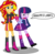 Size: 696x677 | Tagged: safe, artist:toonalexsora007, sunset shimmer, twilight sparkle, equestria girls, g4, abuse, boots, clothes, dialogue, duo, female, grin, jacket, literal butthurt, out of character, pain, panties, panty pull, pink underwear, pleated skirt, shirt, simple background, skirt, smiling, transparent background, twilybuse, underwear, wedgie