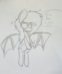 Size: 2731x3289 | Tagged: safe, artist:booker-the-dewitt, oc, oc only, bat pony, pony, dialogue, high res, monochrome, solo, traditional art