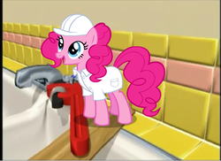 Size: 1094x796 | Tagged: source needed, safe, artist:ian sweeney, pinkie pie, earth pony, pony, g4, female, hard hat, looking up, parody, sink, solo, veggietales, very silly songs, weather factory uniform, wrench