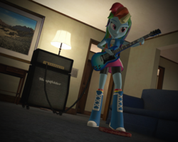 Size: 1280x1024 | Tagged: safe, artist:johnflaherty, rainbow dash, equestria girls, g4, 3d, amplifier, boots, bracelet, clothes, compression shorts, electric guitar, female, gmod, guitar, indoors, jewelry, musical instrument, practice, skirt, socks, solo, speaker