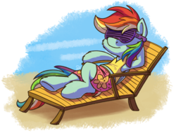 Size: 2839x2160 | Tagged: safe, artist:pirill, rainbow dash, pony, g4, 30 minute art challenge, beach chair, chair, clothes, female, high res, relaxing, shorts, shutter shades, solo, sunglasses, swimsuit, winter swimsuit