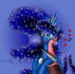 Size: 5273x5258 | Tagged: safe, artist:max, princess luna, human, pony, g4, absurd resolution, anonymous self insert, blushing, cheek squish, constellation, crown, cute, earring, heart, human arm, human on pony petting, jewelry, offscreen character, petting, piercing, purring, regalia, self insert, squishy cheeks