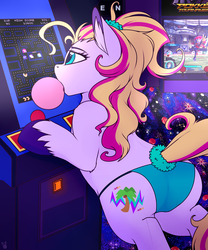 Size: 2500x3000 | Tagged: safe, artist:meggchan, oc, oc only, oc:radical bay, earth pony, pony, arcade, bubblegum, butt, clothes, female, food, gum, high res, mare, pac-man, panties, plot, pokkén tournament, pokémon, scrunchie, solo, underwear, video game