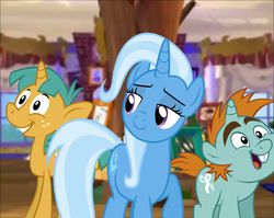 Size: 911x724 | Tagged: safe, rarity, snails, snips, trixie, pony, unicorn, g4, female, mare, parody, trixie's fans, veggietales