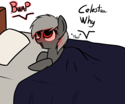 Size: 1280x1070 | Tagged: safe, artist:neuro, oc, oc only, oc:alarmie, alarm clock pony, object pony, original species, pony, alarm, alarm clock, bed, clock, female, glowing eyes, implied anon, mare, ponified, solo, tongue out