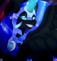 Size: 1450x1550 | Tagged: safe, artist:cheetospony, nightmare moon, alicorn, pony, g4, female, glowing horn, grin, horn, sharp teeth, smiling, solo, teeth