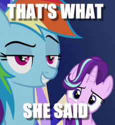 Size: 636x688 | Tagged: safe, edit, edited screencap, screencap, rainbow dash, starlight glimmer, g4, image macro, meme, reaction image, smirk, that's what she said