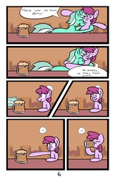 Size: 6742x10342 | Tagged: safe, artist:provolonepone, berry punch, berryshine, lyra heartstrings, earth pony, pony, unicorn, comic:lyra's verse, g4, absurd resolution, cider, comic, dialogue, duo, hug