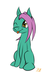 Size: 350x600 | Tagged: safe, artist:krynnymuffin, derpibooru exclusive, oc, oc only, oc:sketchivus b. stylus, earth pony, pony, one eye closed, simple background, sitting, smiling, solo, tongue out, white background, wink