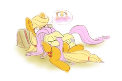 Size: 1280x853 | Tagged: safe, artist:heir-of-rick, applejack, fluttershy, earth pony, pegasus, pony, daily apple pony, g4, belly pillow, cuddling, cute, eyes closed, floppy ears, jackabetes, prone, shyabetes, simple background, snuggling, white background